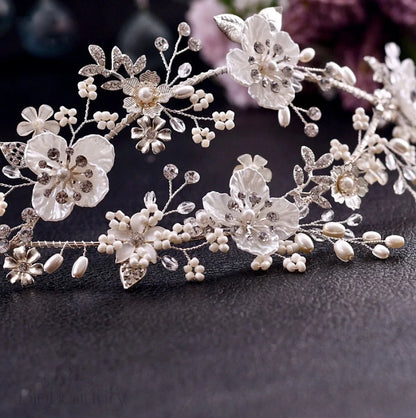 Amandine Silver Pearl And Crystal Bridal Headband/Vine