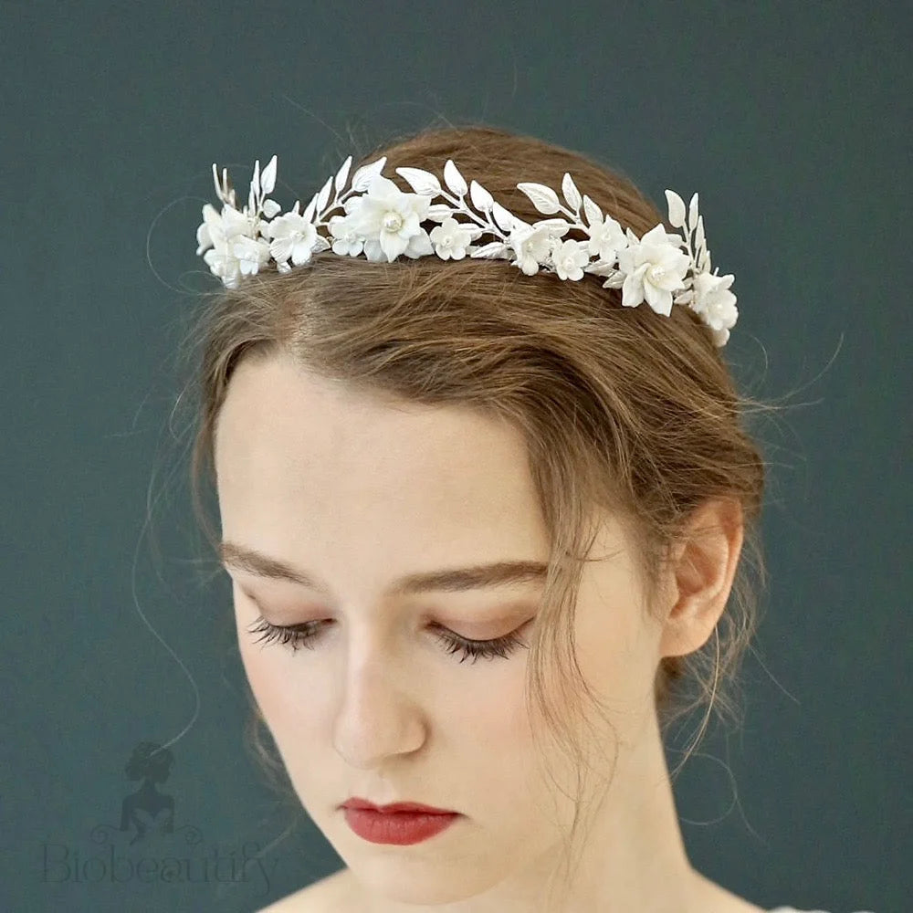 Amaris Silver Bridal Headband With Ceramic Flowers And Pearls