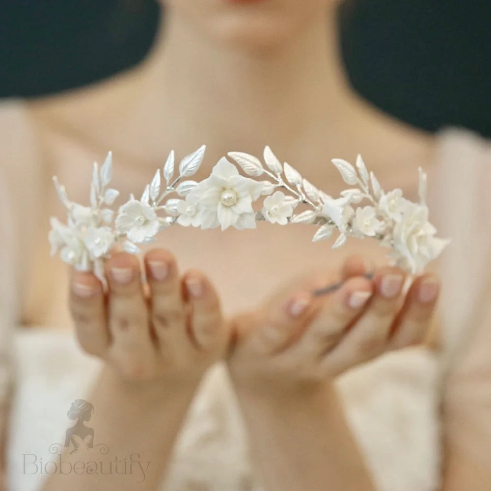 Amaris Silver Bridal Headband With Ceramic Flowers And Pearls