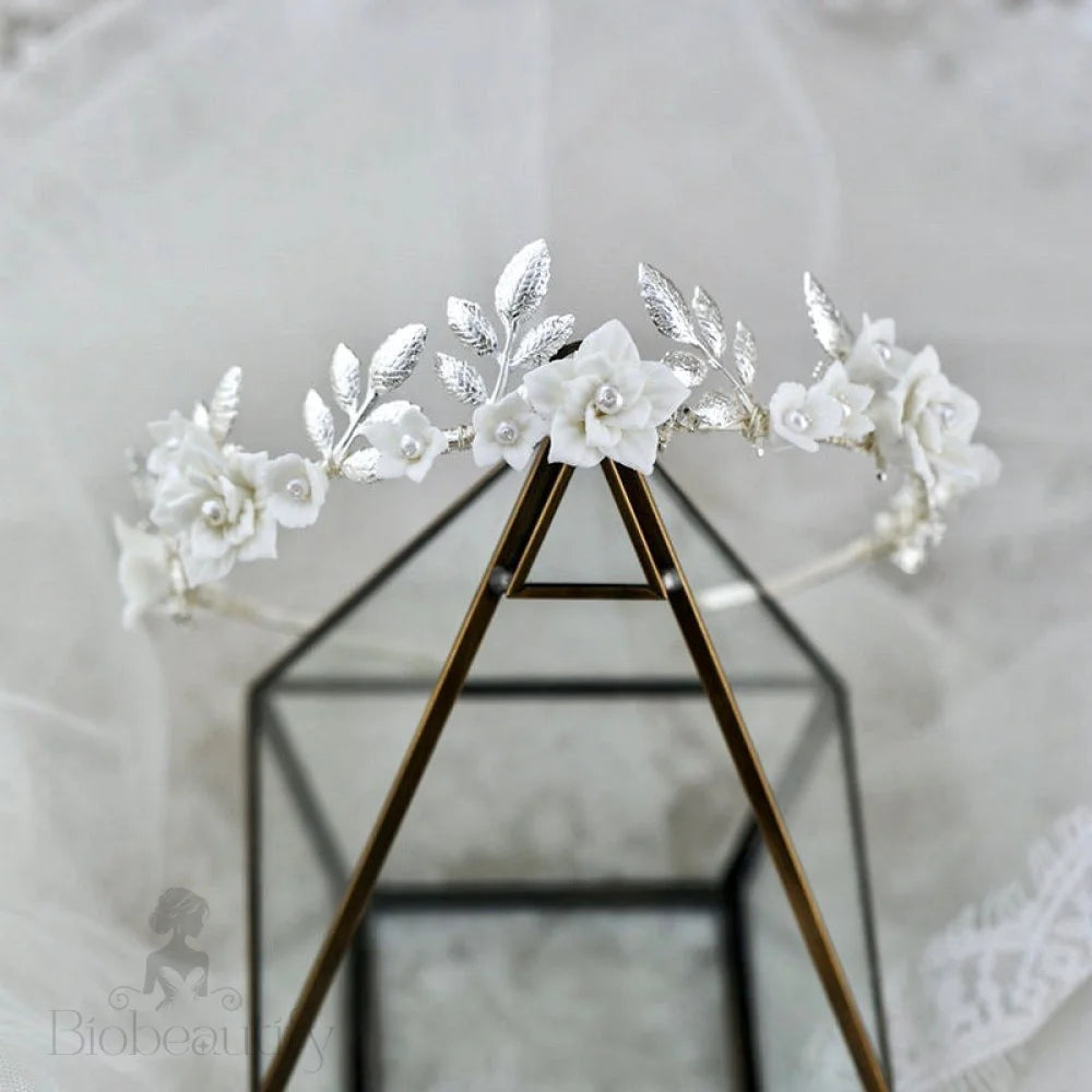 Amaris Silver Bridal Headband With Ceramic Flowers And Pearls