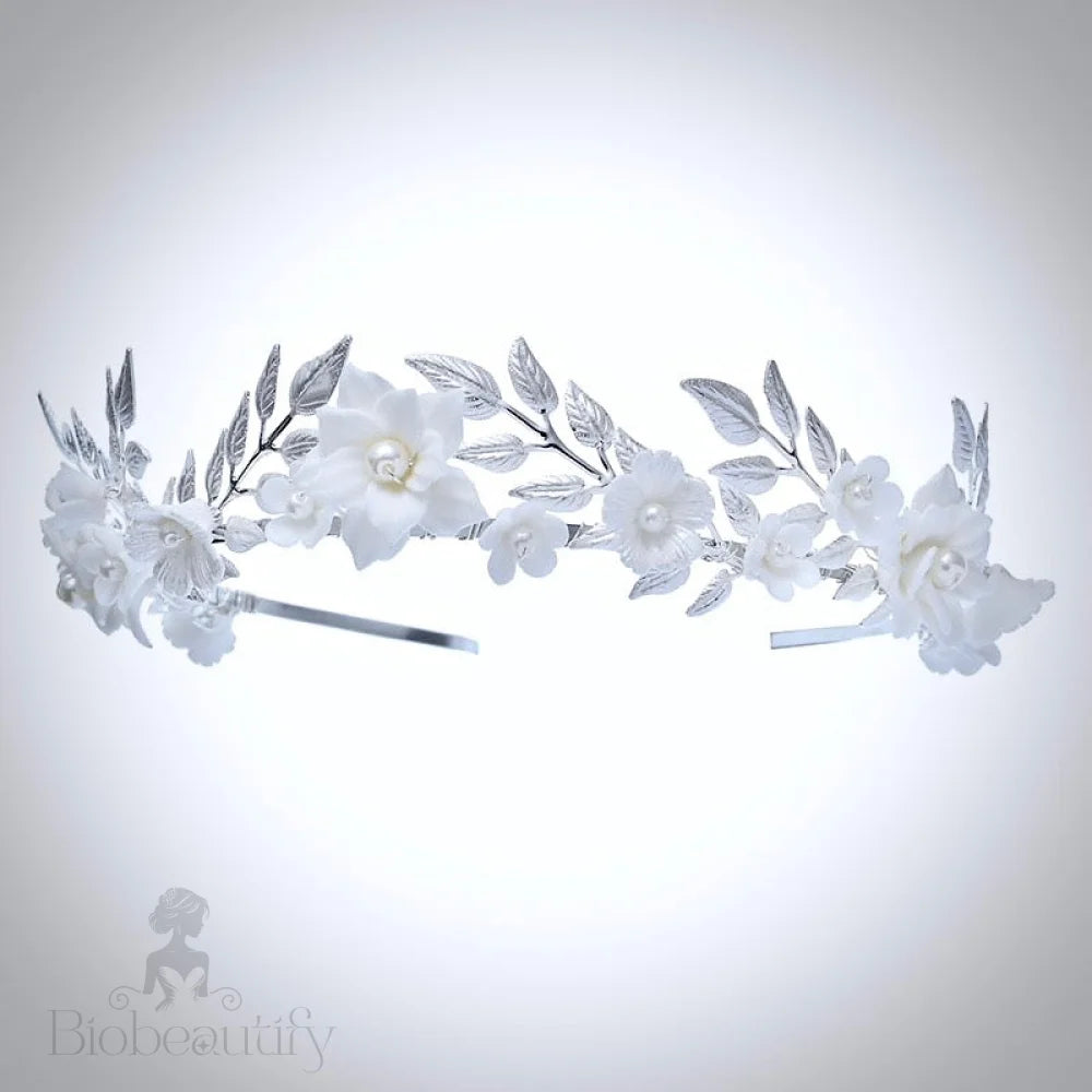 Amaris Silver Bridal Headband With Ceramic Flowers And Pearls