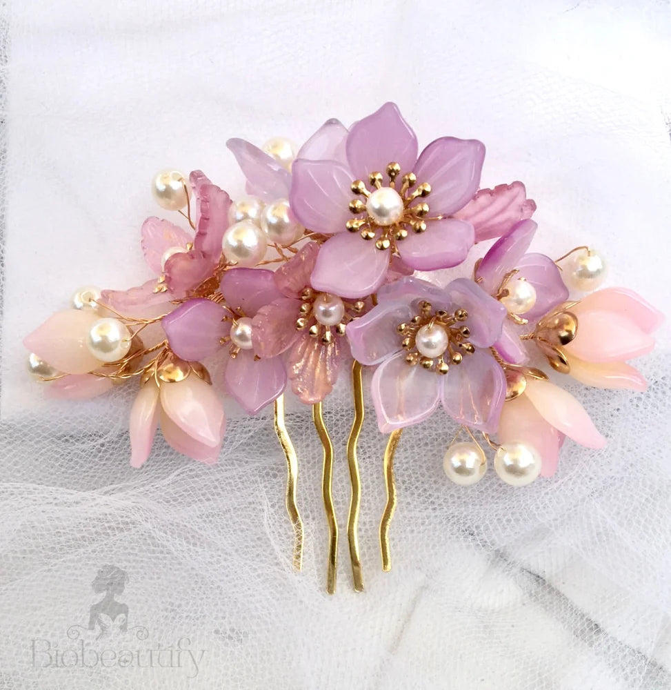 Amery Pink Pearl Glass Flowers Wedding Hair Comb