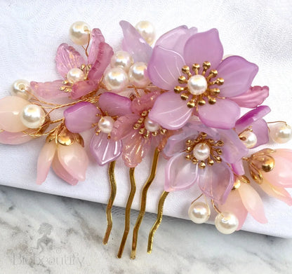 Amery Pink Pearl Glass Flowers Wedding Hair Comb