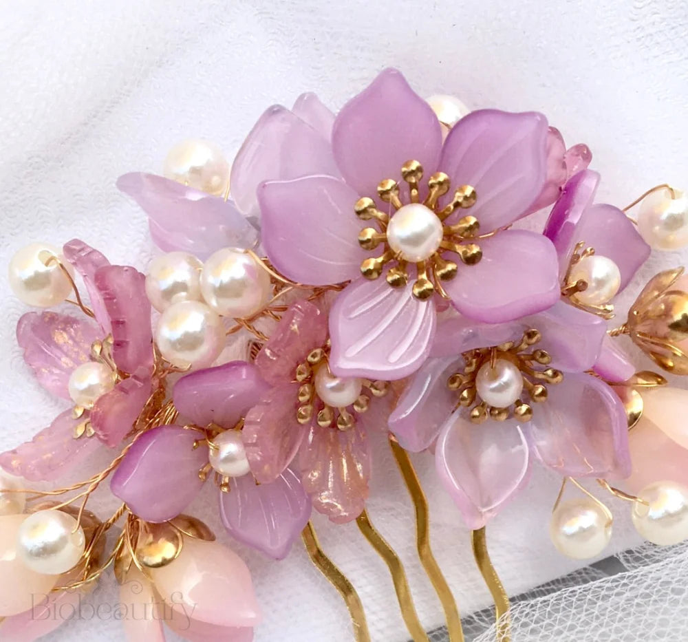 Amery Pink Pearl Glass Flowers Wedding Hair Comb