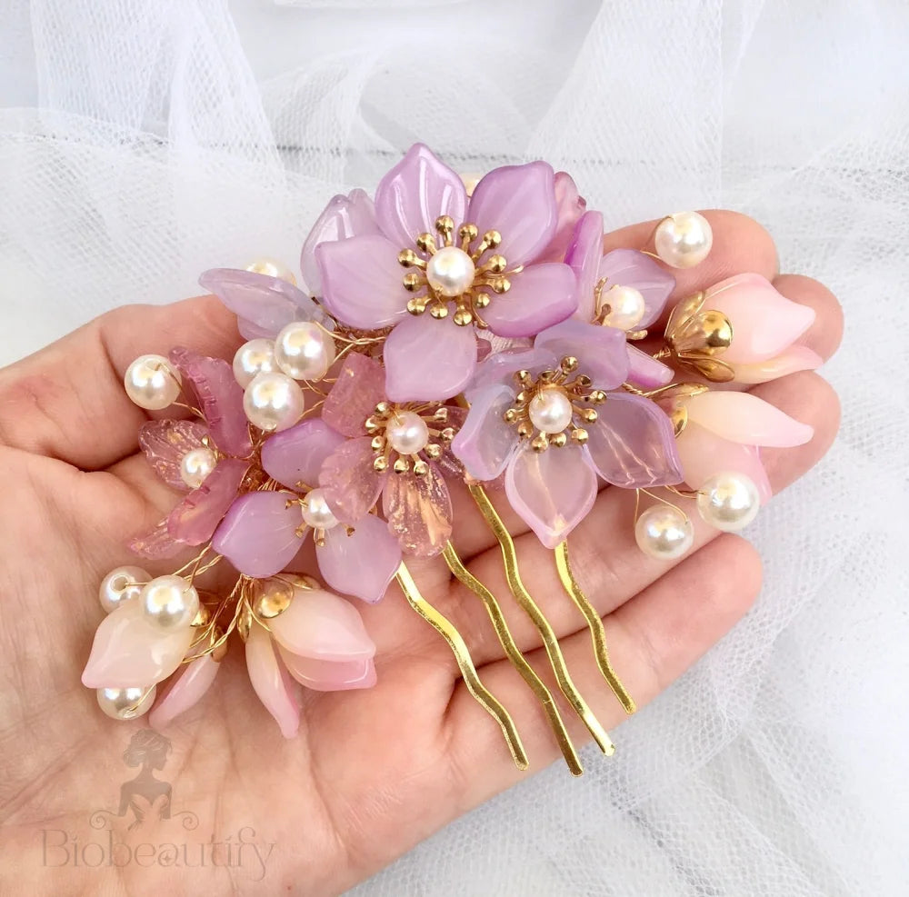 Amery Pink Pearl Glass Flowers Wedding Hair Comb