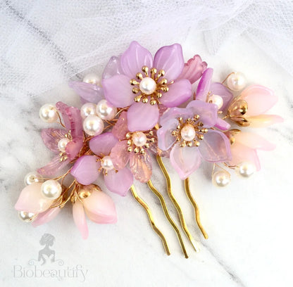 Amery Pink Pearl Glass Flowers Wedding Hair Comb