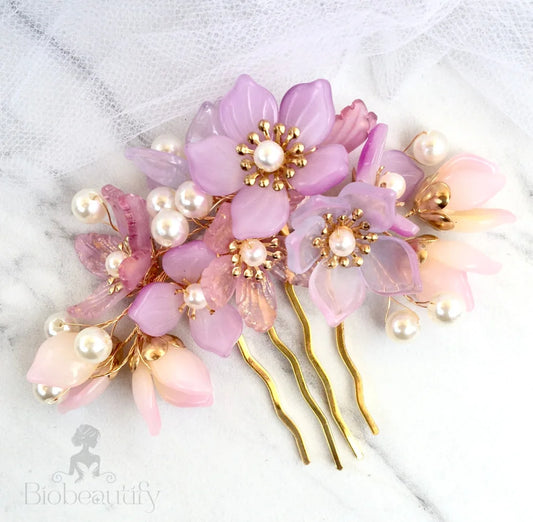 Amery Pink Pearl Glass Flowers Wedding Hair Comb