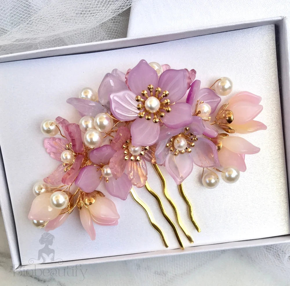 Amery Pink Pearl Glass Flowers Wedding Hair Comb