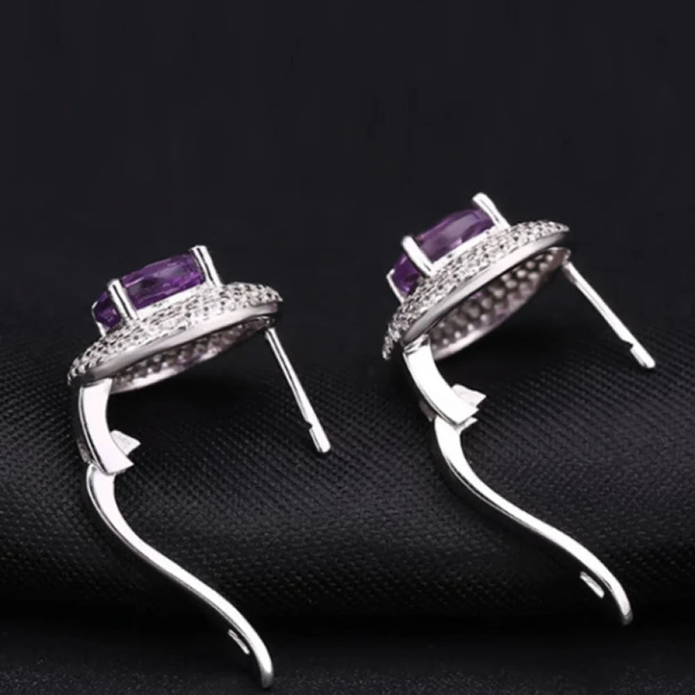 Amethyst Halo Cluster Stud Earrings With Clear Cubic Zirconia