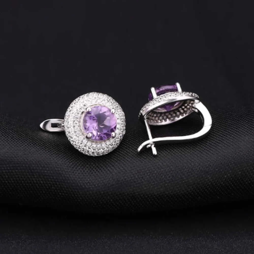 Amethyst Halo Cluster Stud Earrings With Clear Cubic Zirconia