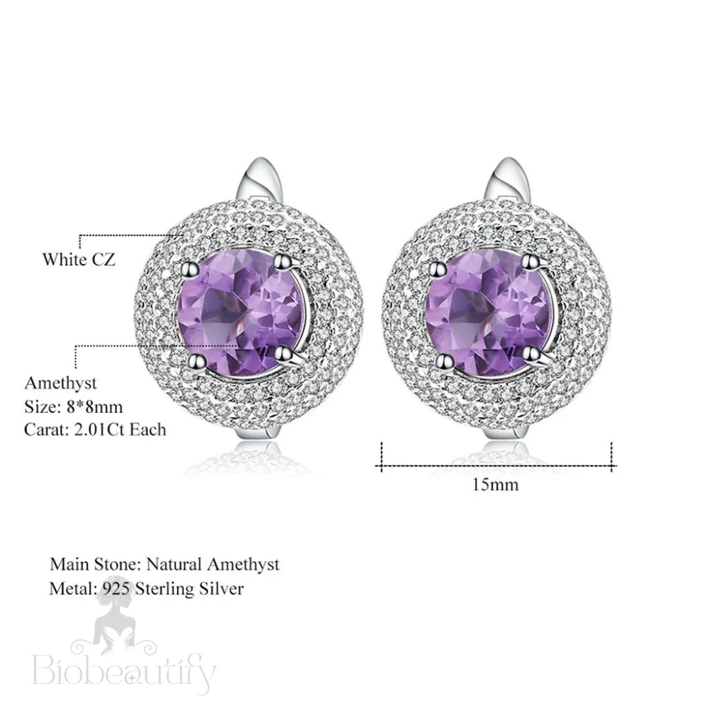 Amethyst Halo Cluster Stud Earrings With Clear Cubic Zirconia