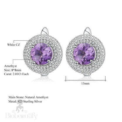 Amethyst Halo Cluster Stud Earrings With Clear Cubic Zirconia