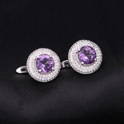 Amethyst Halo Cluster Stud Earrings With Clear Cubic Zirconia