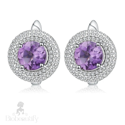 Amethyst Halo Cluster Stud Earrings With Clear Cubic Zirconia Purple / One Size