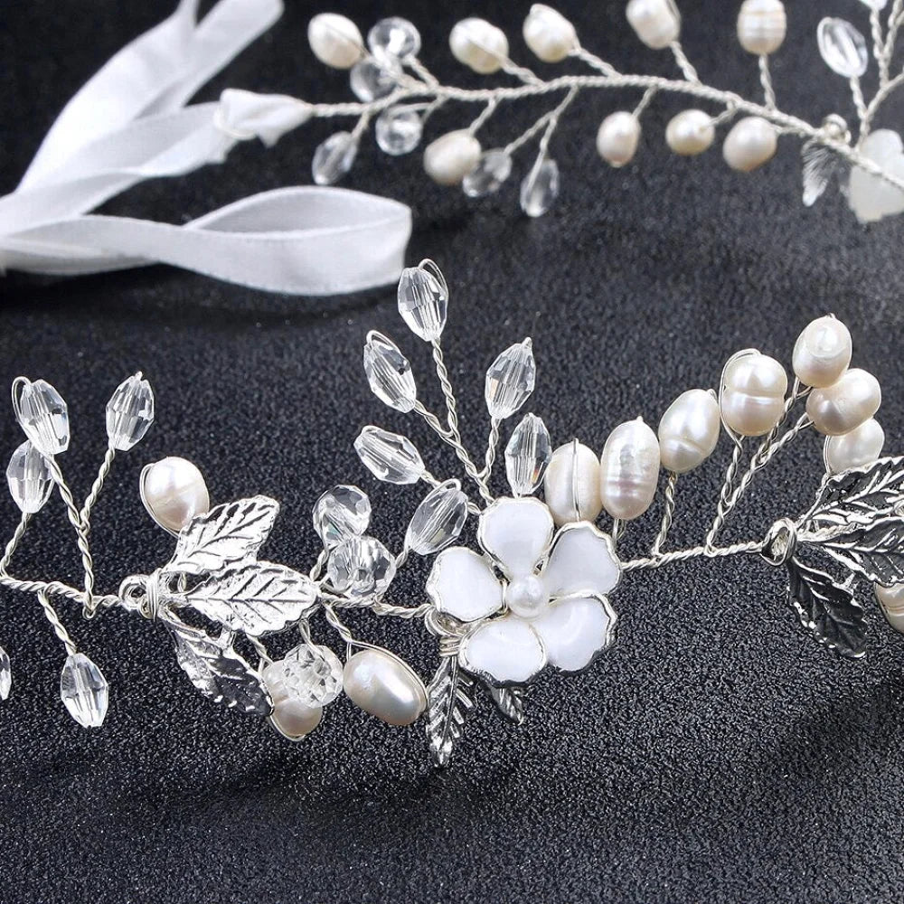 Andiana Freshwater Pearl And Crystal Bridal Headband Vine Silver Yellow Gold