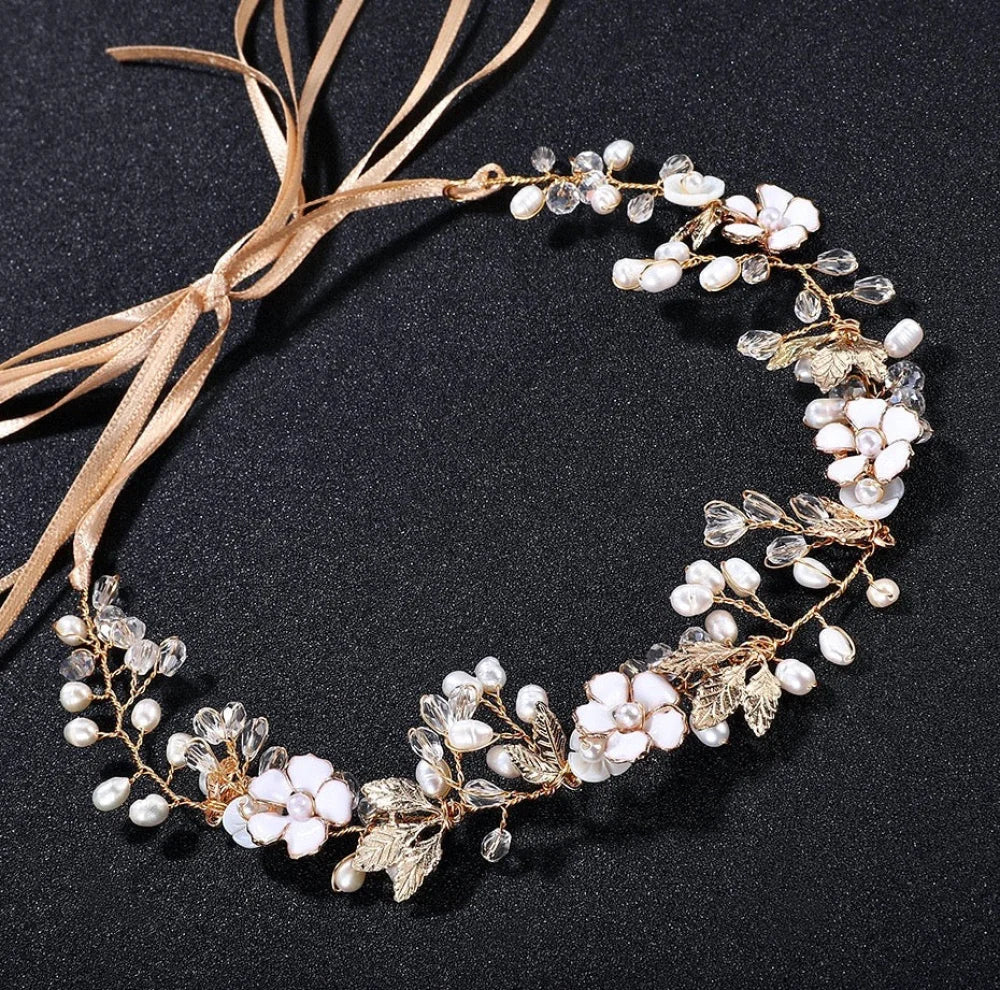 Andiana Freshwater Pearl And Crystal Bridal Headband Vine Silver Yellow Gold