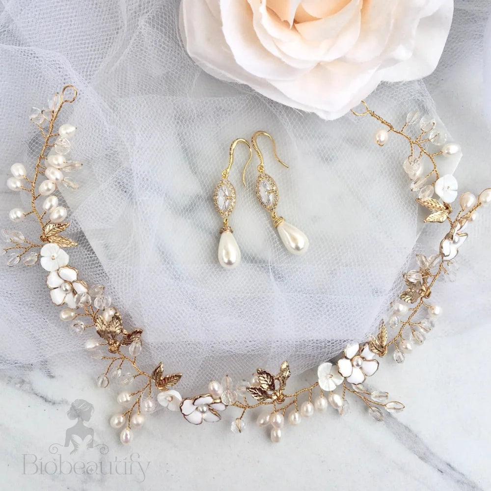 Wedding Hair Accessories - Freshwater Pearl Bridal Headband and Earrings Set - Available in Gold and Silver