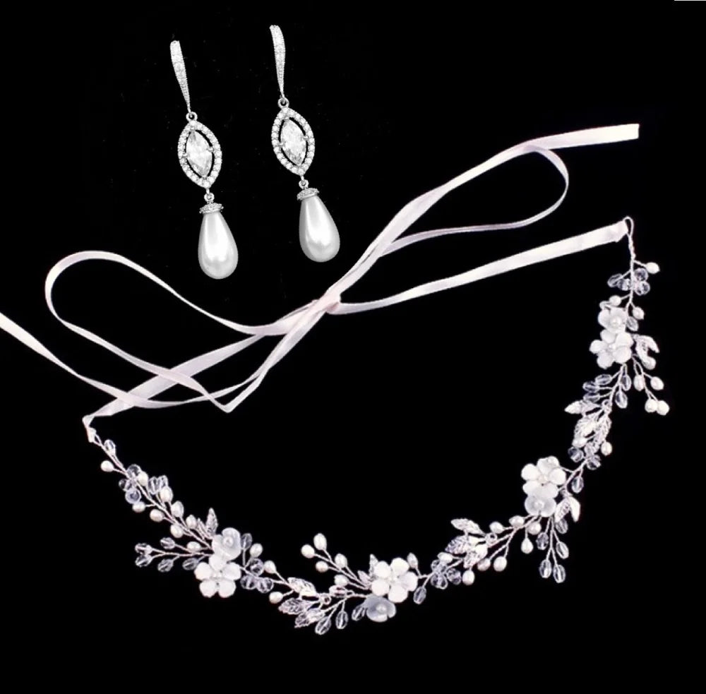 Andiana Freshwater Pearl Bridal Headband And Earrings Set Silver Yellow Gold Options