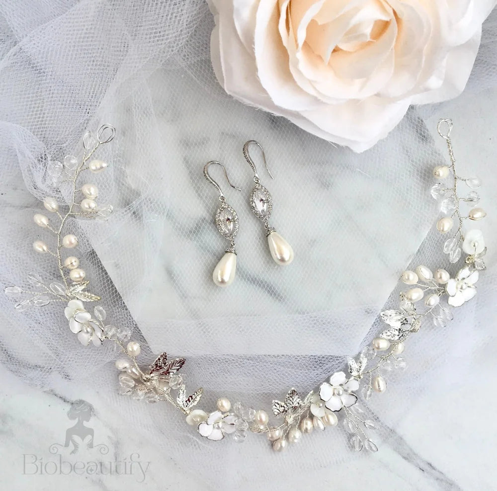 Wedding Hair Accessories - Freshwater Pearl Bridal Headband and Earrings Set - Available in Gold and Silver