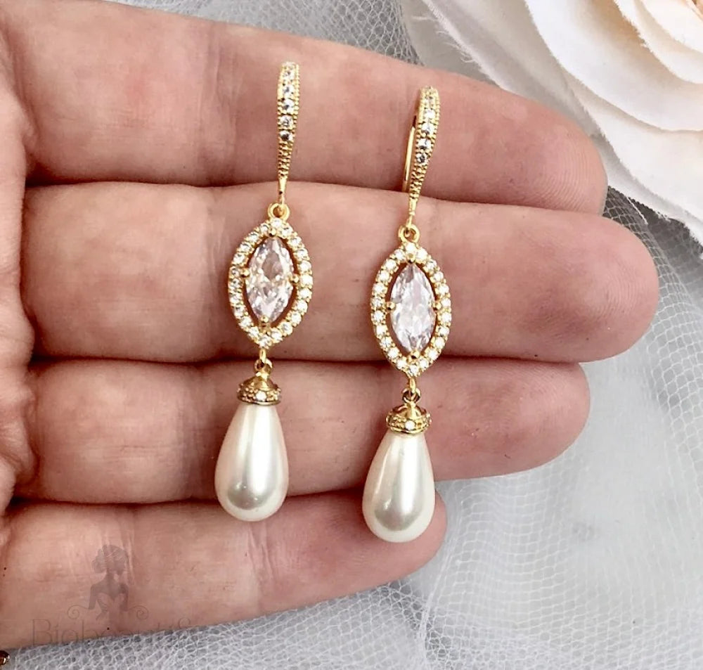 Andiana Pearl And Cz Earrings For Brides In Silver Yellow Gold