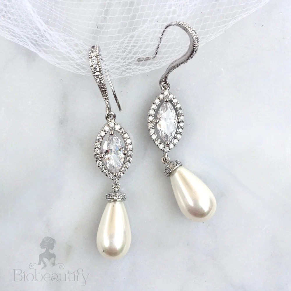 Pearl Wedding Jewelry - Pearl and CZ Bridal Earrings - Available in Silver and Yellow Gold