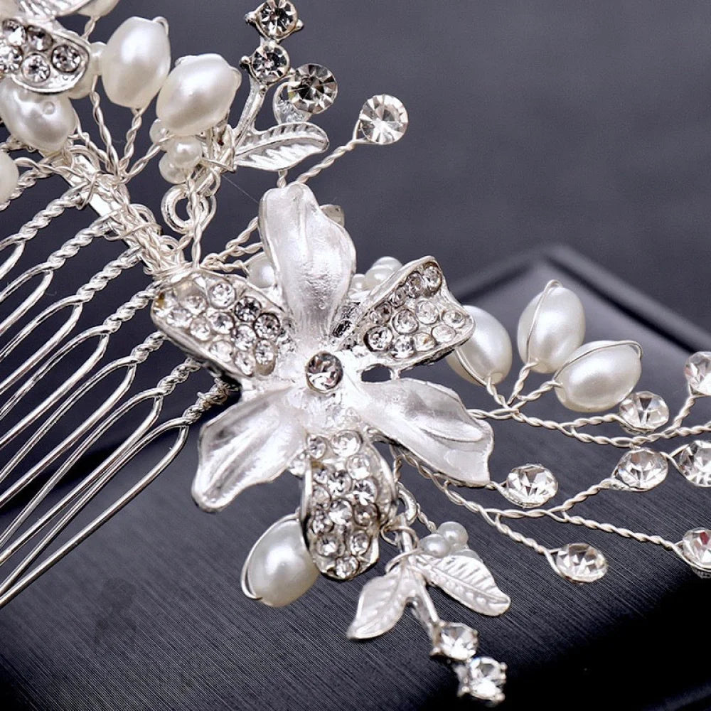 Andrea Silver Pearl Crystal Bridal Hair Comb