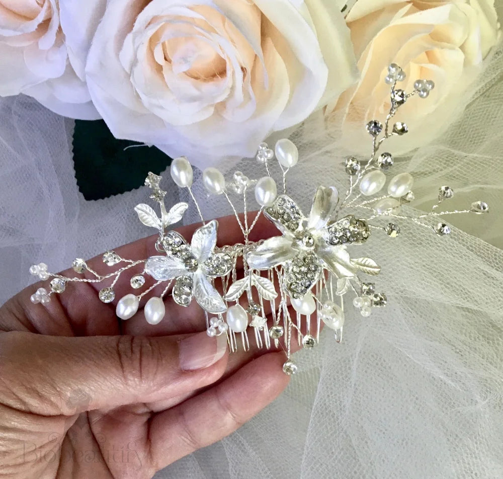 Andrea Silver Pearl Crystal Bridal Hair Comb