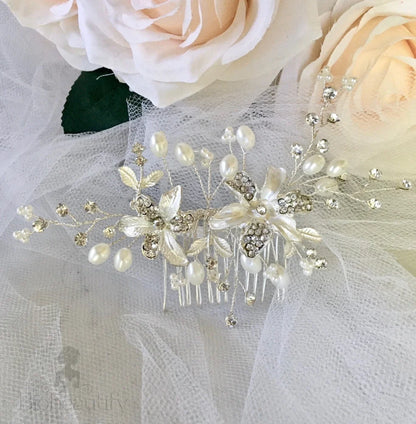 Andrea Silver Pearl Crystal Bridal Hair Comb