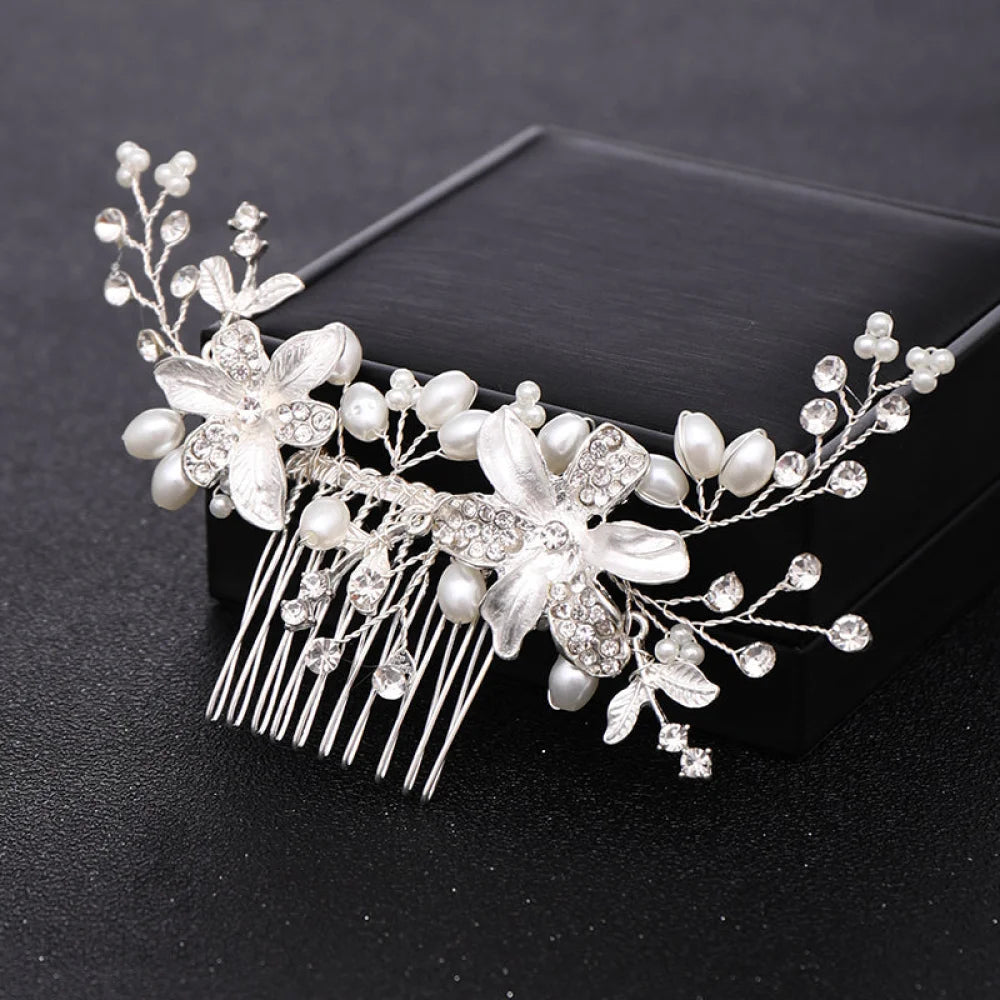 Andrea Silver Pearl Crystal Bridal Hair Comb