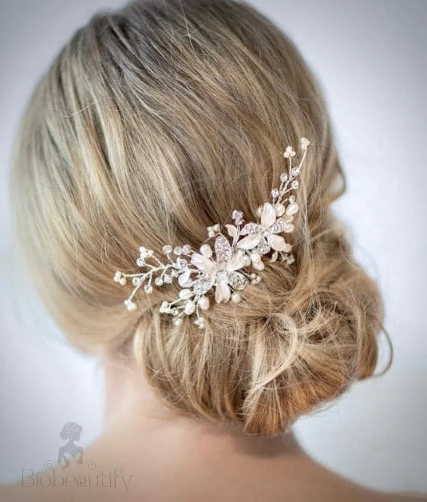 Andrea Silver Pearl Crystal Bridal Hair Comb