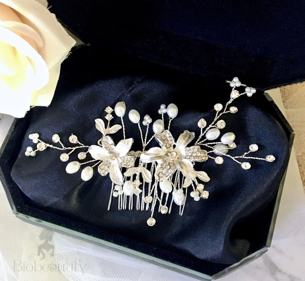 Andrea Silver Pearl Crystal Bridal Hair Comb