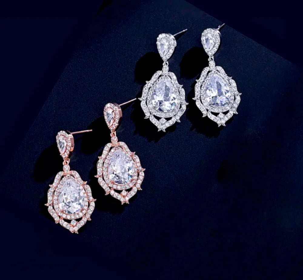 Anise Cubic Zirconia Bridal Drop Earrings In Silver And Rose Gold