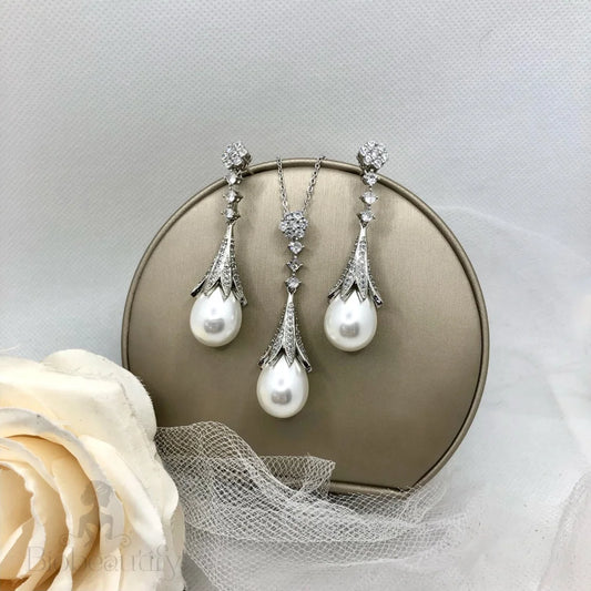 Anjou Bridal Jewelry Set With Pearl And Cubic Zirconia