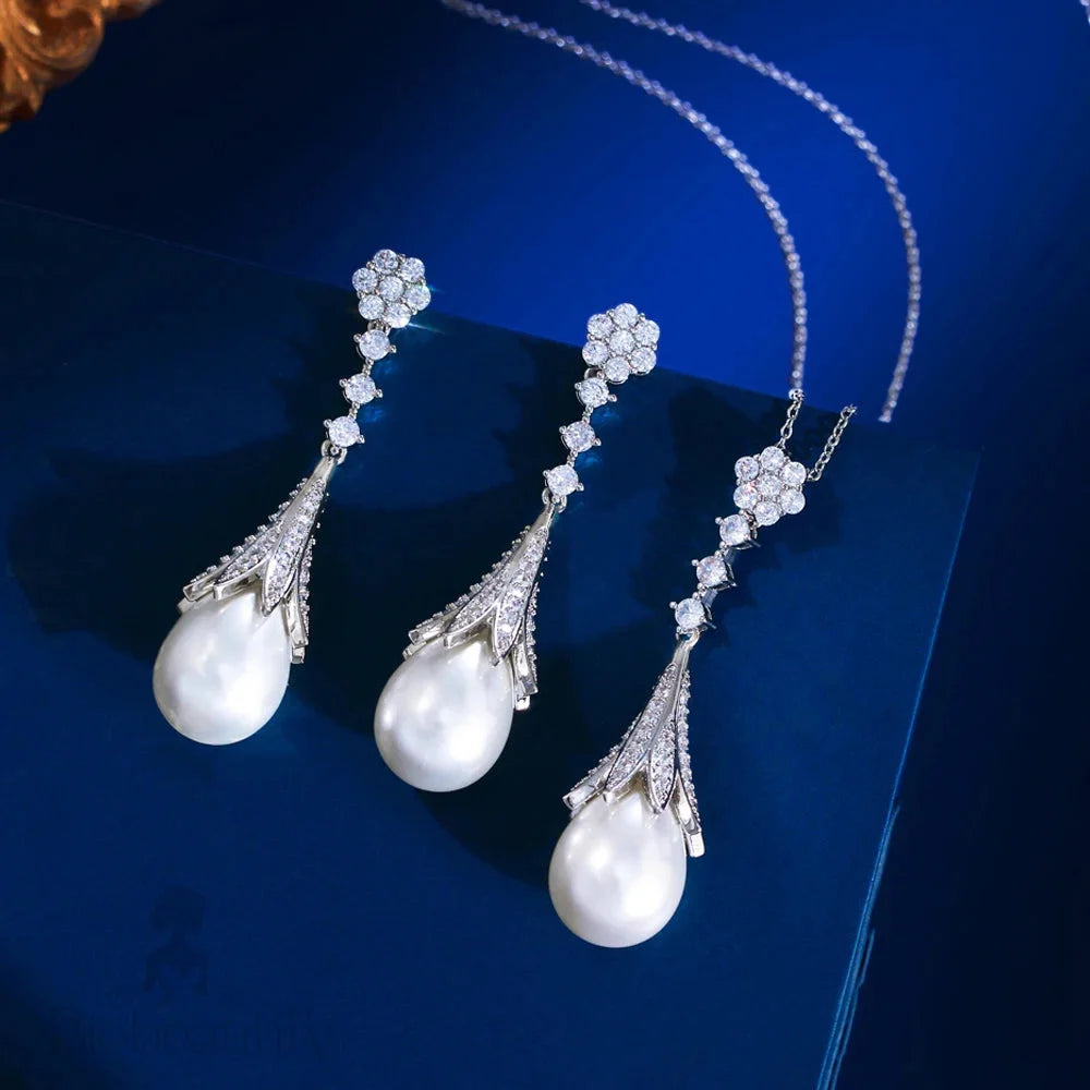 Anjou Bridal Jewelry Set With Pearl And Cubic Zirconia