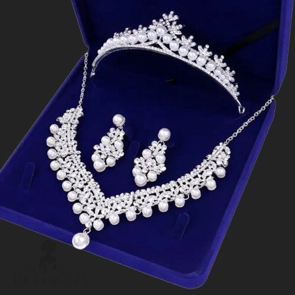 Pearl Wedding Jewelry - Silver Cubic Zirconia and Pearl 3-Piece Bridal Jewelry Set  with Half Tiara