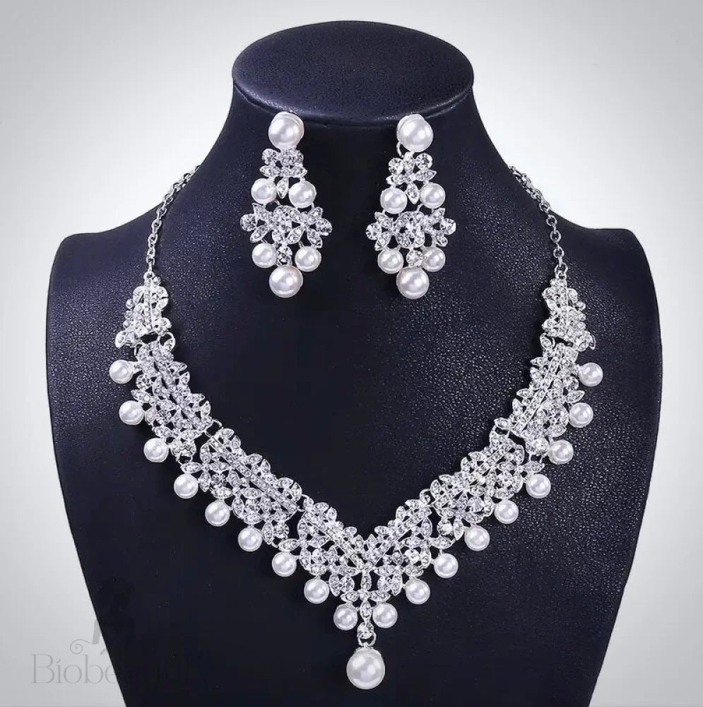 Pearl Wedding Jewelry - Silver Cubic Zirconia and Pearl 3-Piece Bridal Jewelry Set with Half Tiara