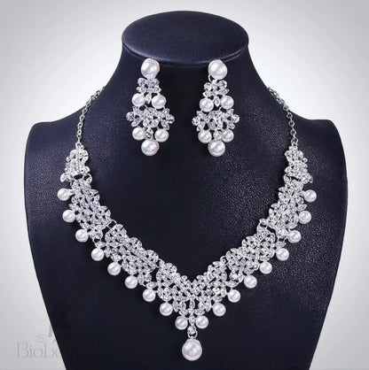 Pearl Wedding Jewelry - Silver Cubic Zirconia and Pearl 3-Piece Bridal Jewelry Set with Half Tiara