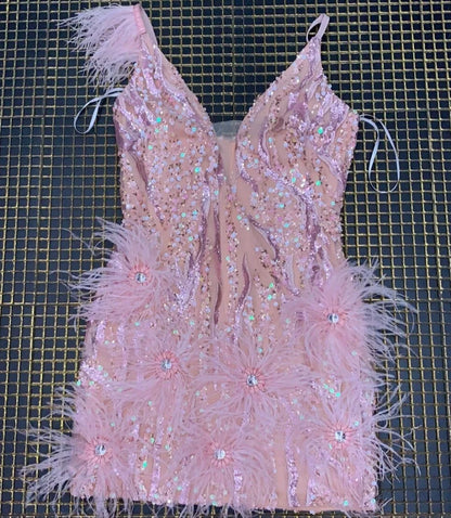 Antonella Mini Dress With Feather Sequin Embellishments