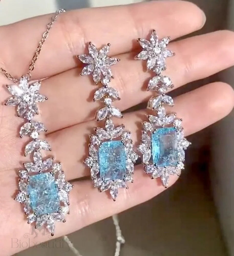 Aqua Blue Cubic Zirconia Bridal Necklace By Alondra