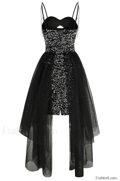 Ariel Black Stylish Sequin Diamante Dress