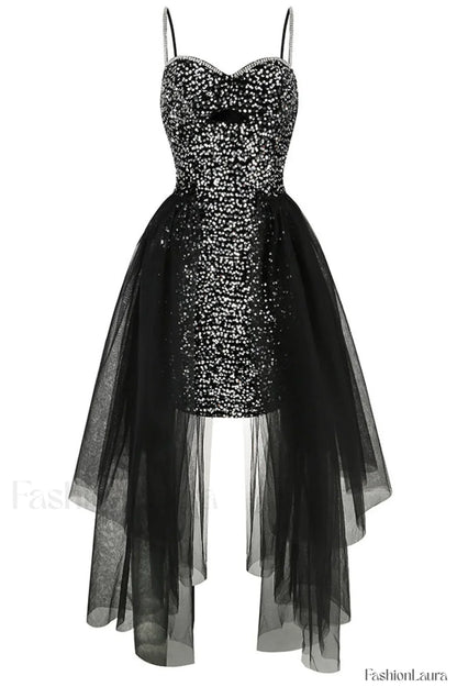 Ariel Black Stylish Sequin Diamante Dress