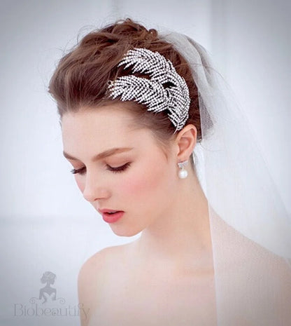 Arlene Crystal Feather Hair Comb In Silver And Rose Gold