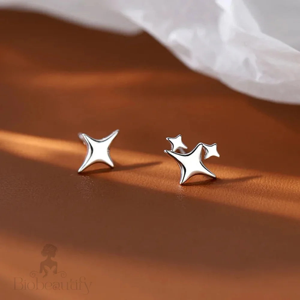 Asymmetric Four-Pointed Star Earrings For Women Silver Fairy Stud Jewelry