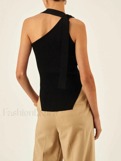 Asymmetrical Halter Rib Vest Sweater Vests
