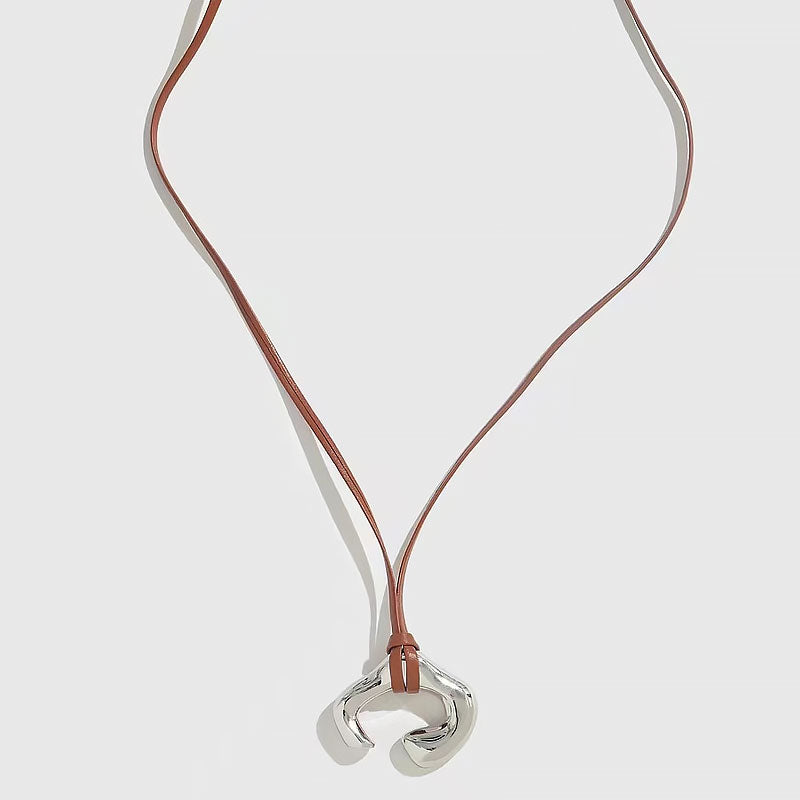 Rhodium Plated Asymmetrical Cuff Extra Long Leather Necklace Brown / One Size