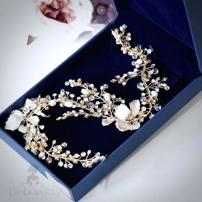 Athena Pearl And Crystal Bridal Headband In Gold Silver