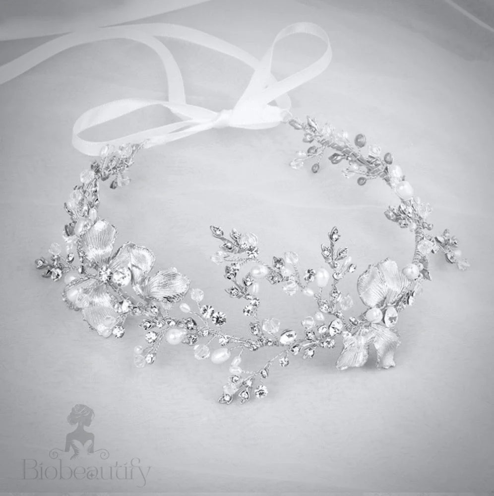 Athena Pearl And Crystal Bridal Headband In Gold Silver