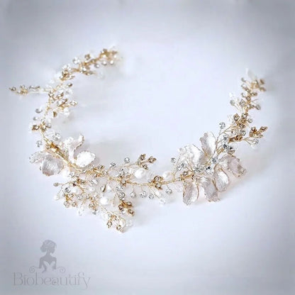 Athena Pearl And Crystal Bridal Headband In Gold Silver