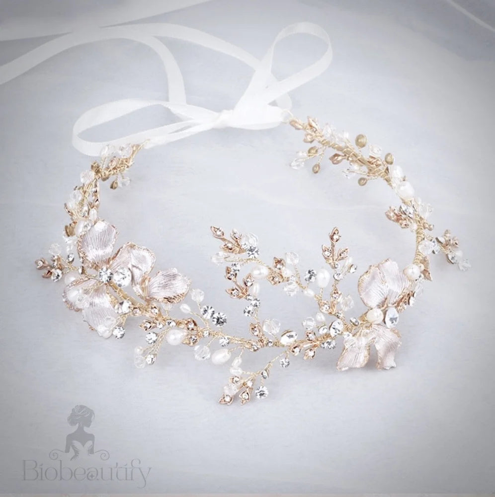 Athena Pearl And Crystal Bridal Headband In Gold Silver