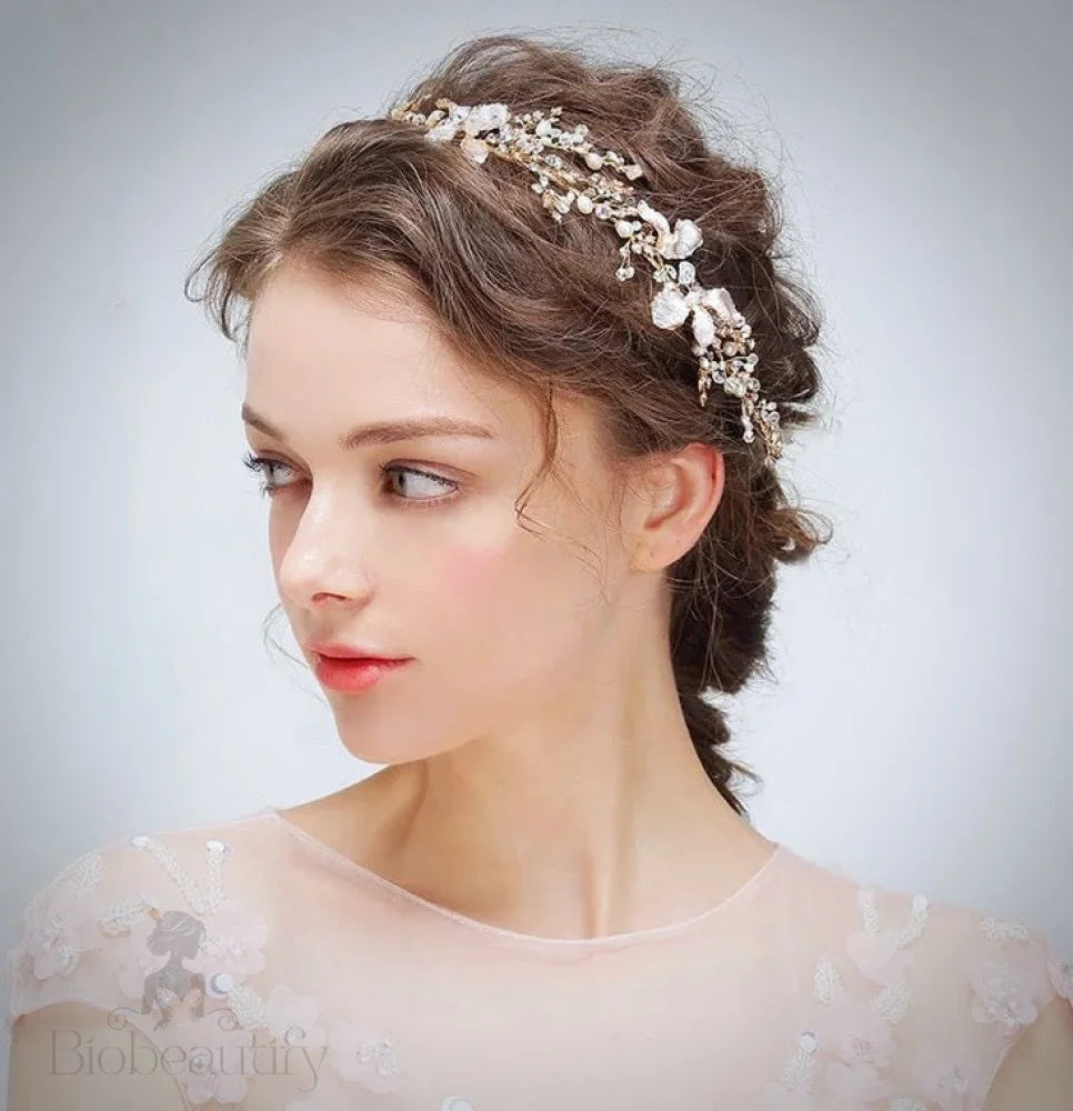 Athena Pearl And Crystal Bridal Headband In Gold Silver